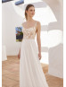 Scoop Neck Ivory Lace Chiffon Flowing Summer Wedding Dress